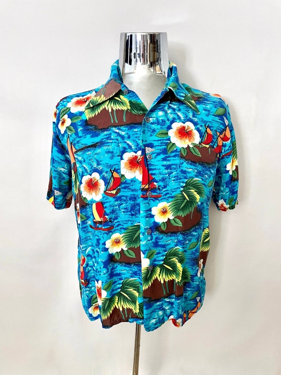 Vintage 70's K Mart, Blue, Floral, Hawaiian Shirt 