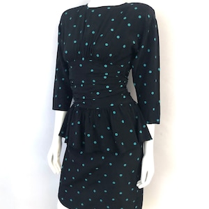 Vintage 80&#39;s Buyer Too, Black, Polka Dot, Peplum Dress (XXS)