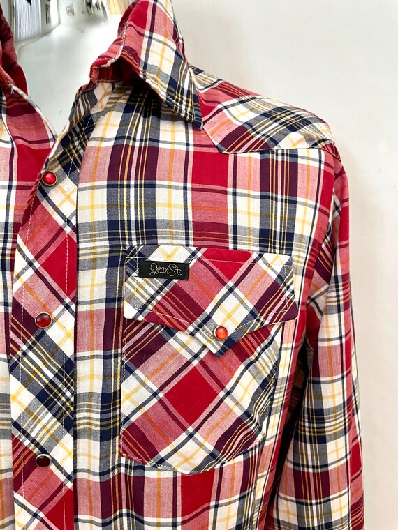 Vintage 80's Red White Plaid Snap Button Shirt (L) - image 6