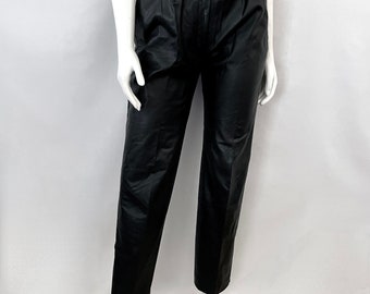 Vintage 80's Black Leather Pants, High Waisted, Tapered Fit
