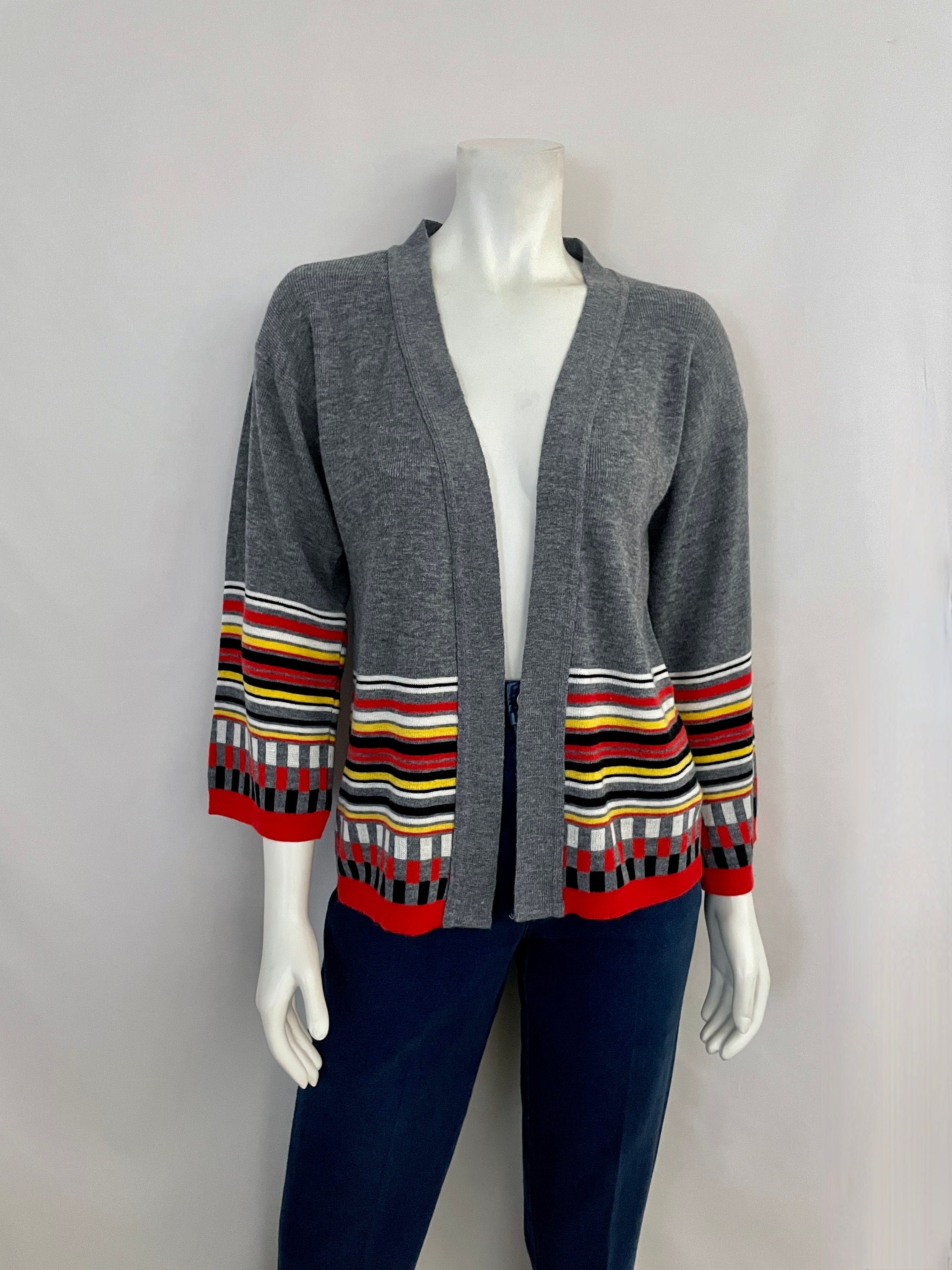 Vintage 70's Gray, Red, Yellow, Bell Sleeve, Cardigan