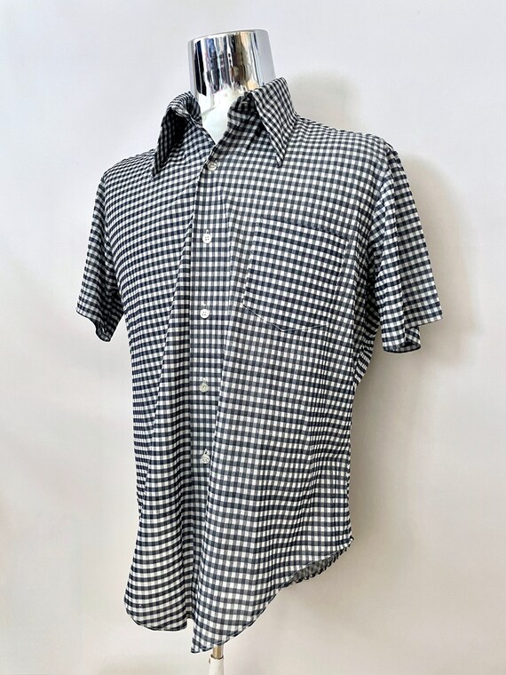 Vintage 70's Navy Blue Checkered Disco Shirt (XL) - image 7