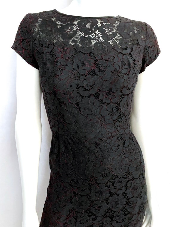 Vintage 60's Black Red Floral Lace Wiggle Dress (… - image 4