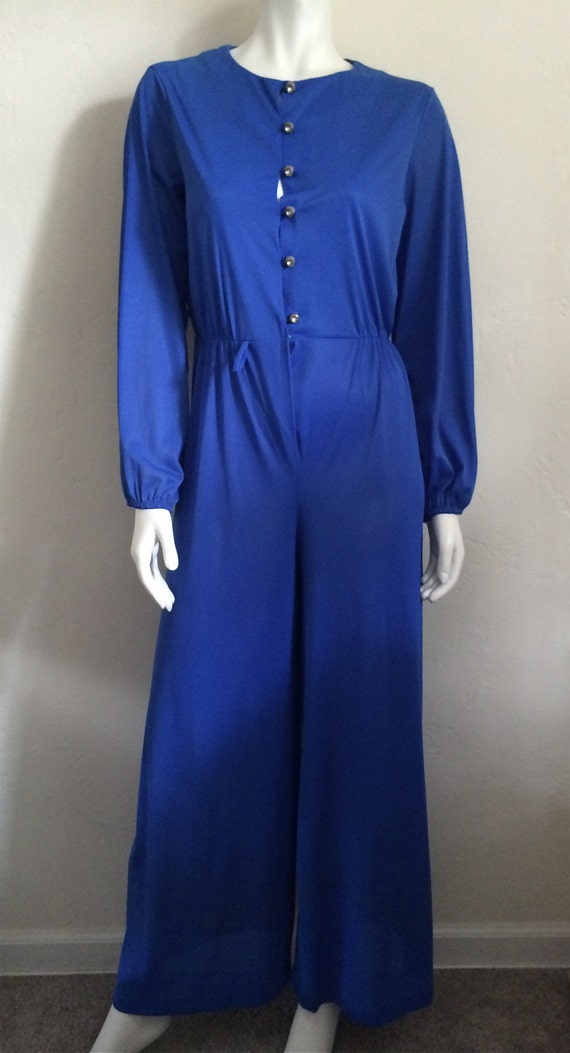 Vintage Women's 70's Disco Jumpsuit, Blue, Nylon,… - image 1