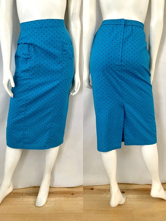 Vintage 80's Blue, Polka Dot, Pencil Skirt (Size 4