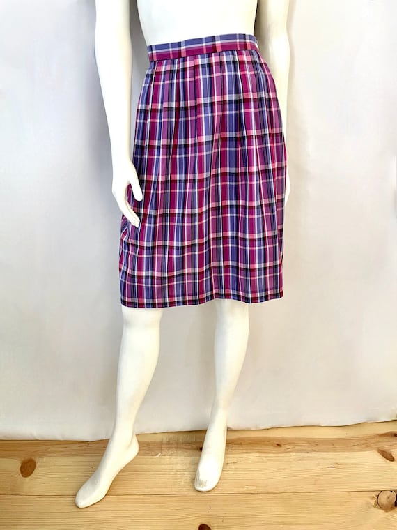 Vintage 70's Purple, Plaid, Skirt, Cotton, Knee L… - image 1