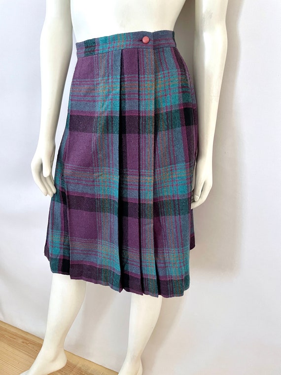 Vintage 80's Teal Purple Plaid Wool Blend Skirt b… - image 7