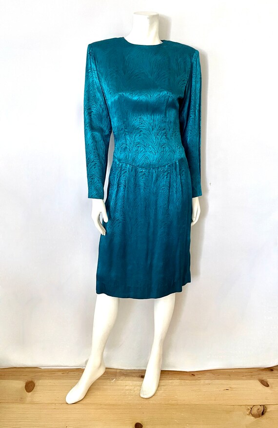 Vintage 80's Teal, Floral Jacquard Dress (Size 6) - image 6