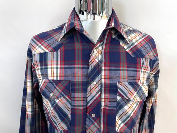 Vintage 80's Wrangler, Plaid, Snap Button, Long S… - image 3