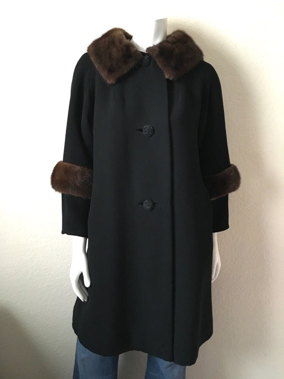 Vintage 60's Coat Black Wool Fur Fully 