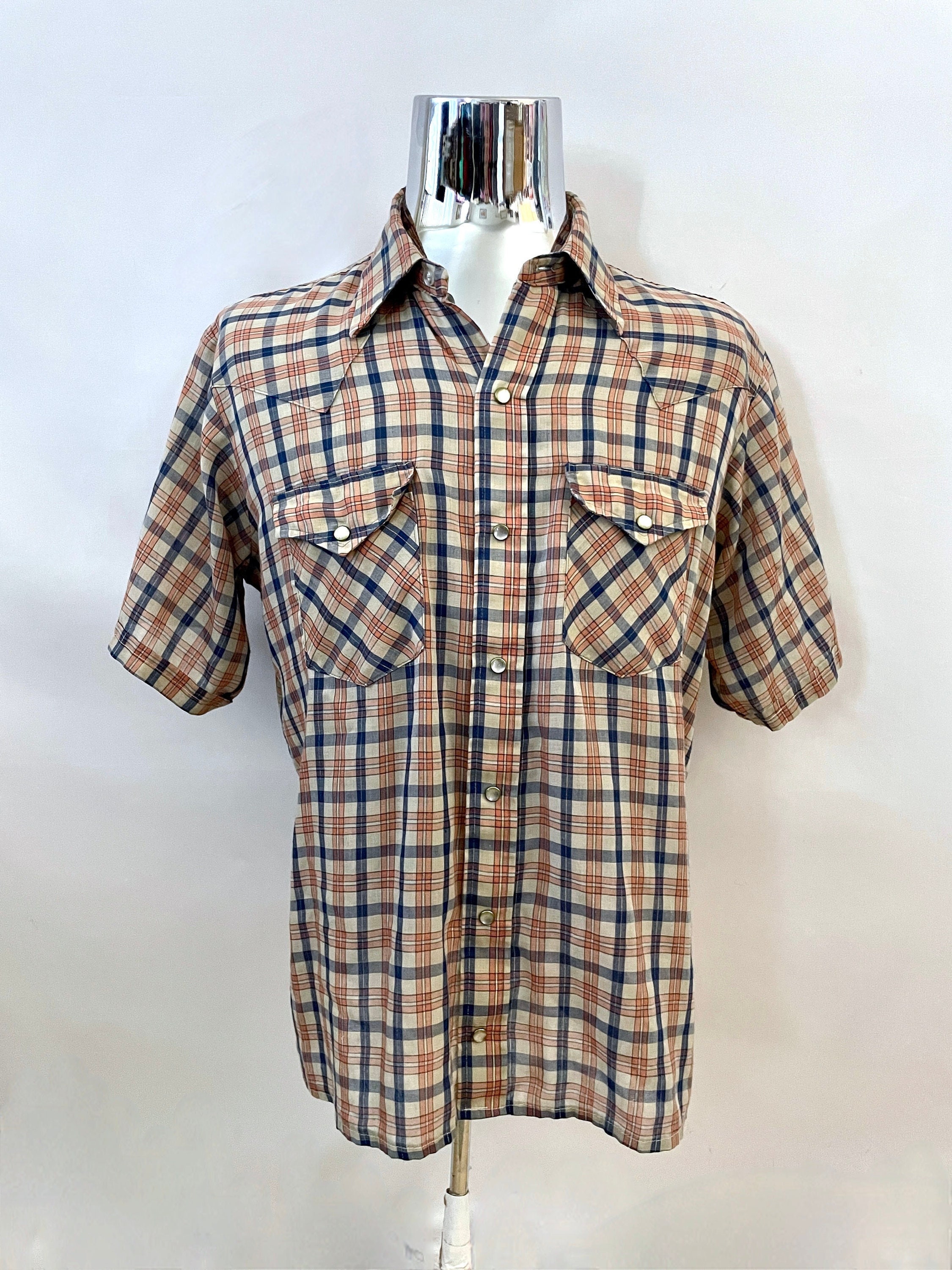 Vintage 70's Dee Cee Rangers Tan Blue Snap Button Shirt (L