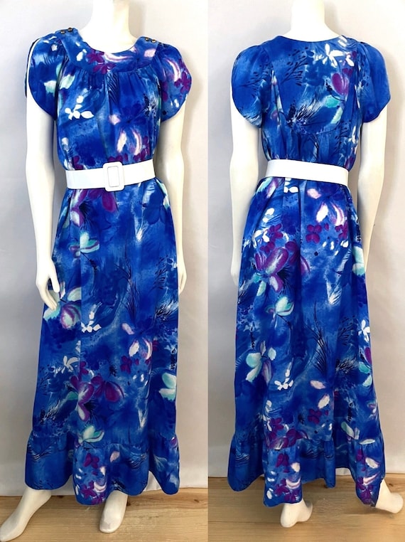 Vintage 70's Blue, Barkcloth, Floral, Hawaiian, M… - image 1