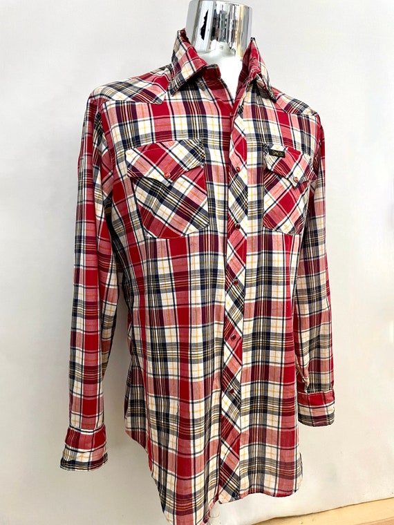 Vintage 80's Red White Plaid Snap Button Shirt (L) - image 2