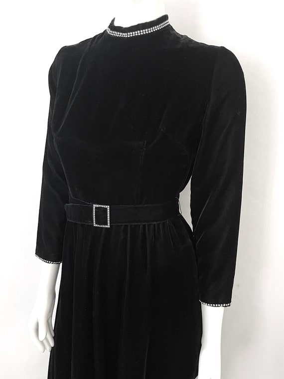 Vintage 80's Black Velour, Long Sleeve, Dress by … - image 7