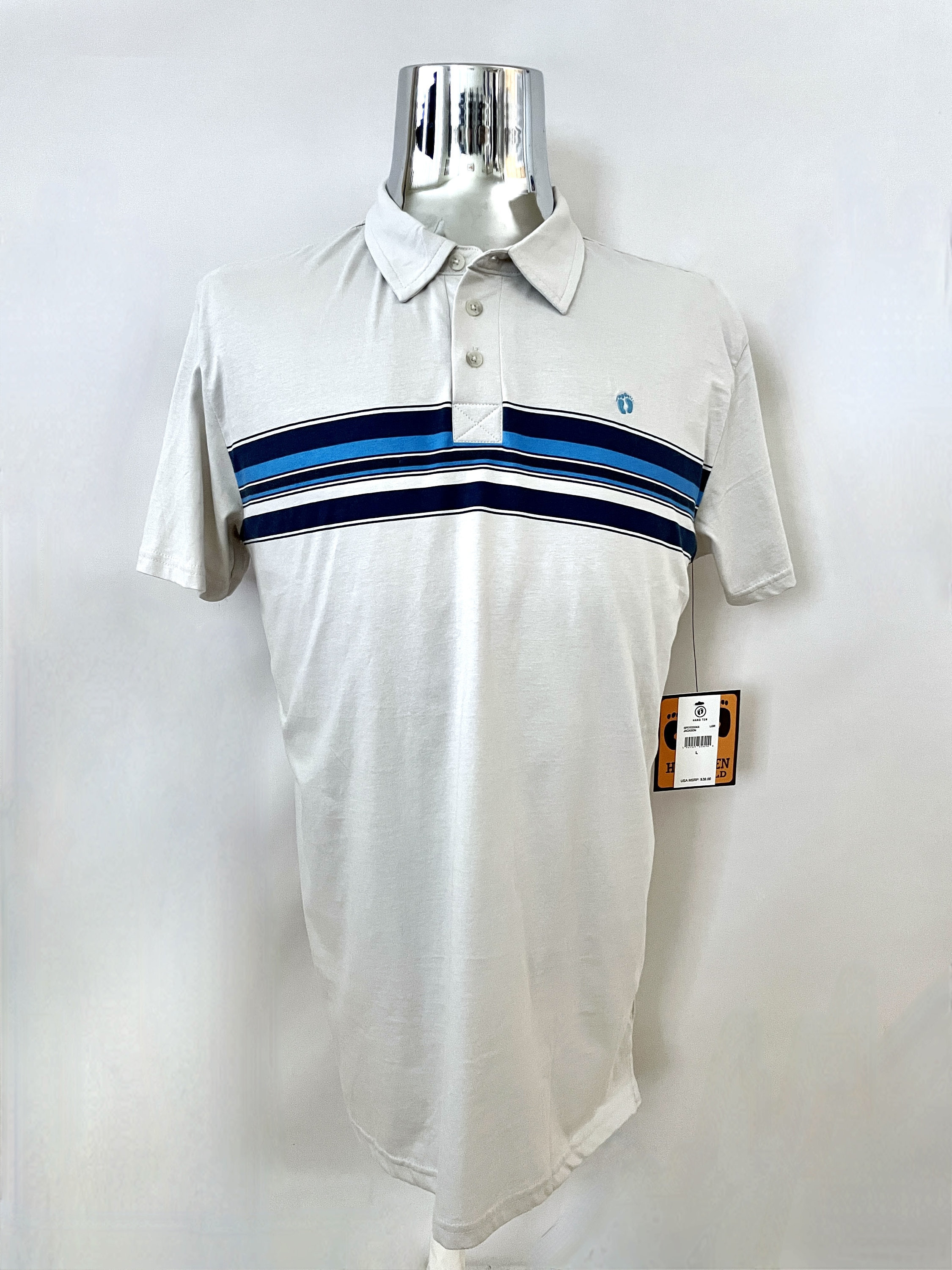 Vintage 90's Deadstock, Hang Ten, Gray Striped, Polo Shirt Vintage 90's Deadstock, Hang Ten, Gray Striped, Polo Shirt
