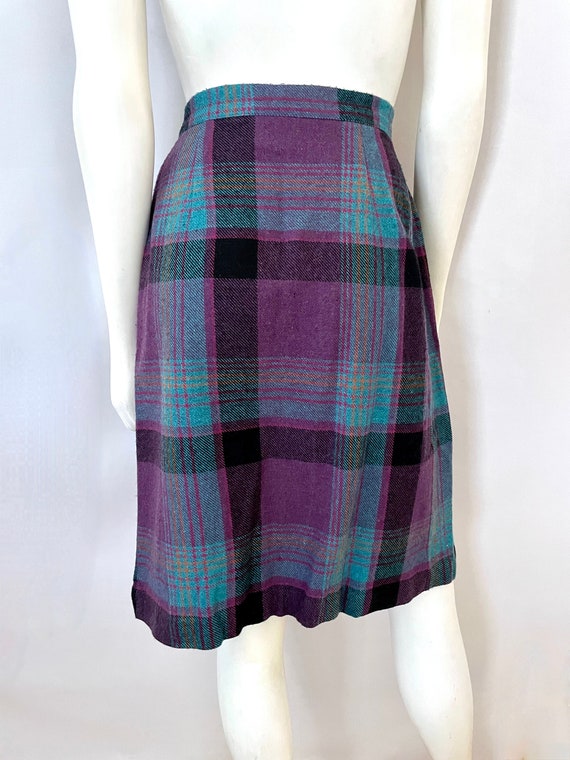 Vintage 80's Teal Purple Plaid Wool Blend Skirt b… - image 8