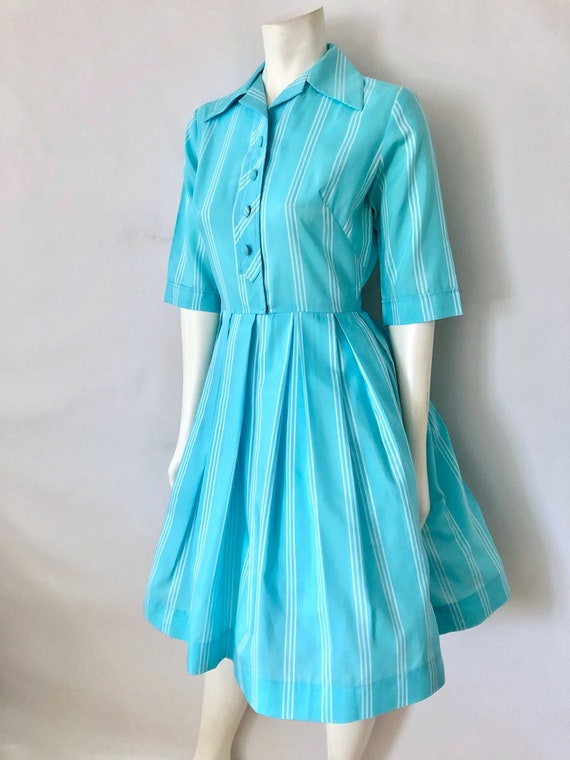 Vintage 50's Turquoise, Striped, Half Sleeve, Swi… - image 7