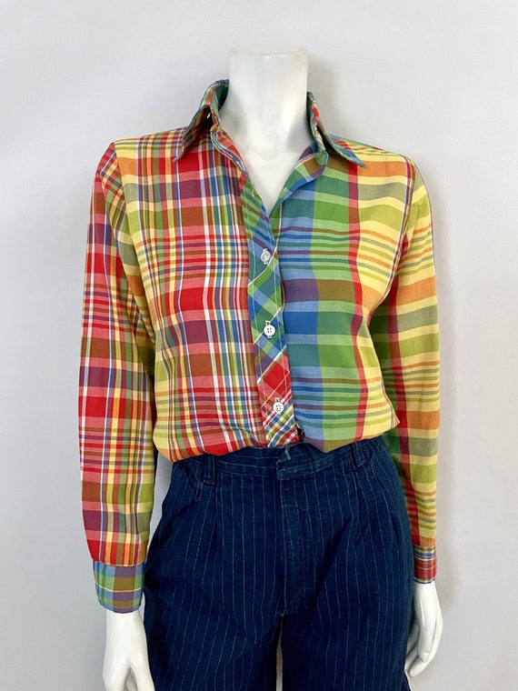 Vintage 70's Plaid Blouse, Long Sleeve, Butterfly 