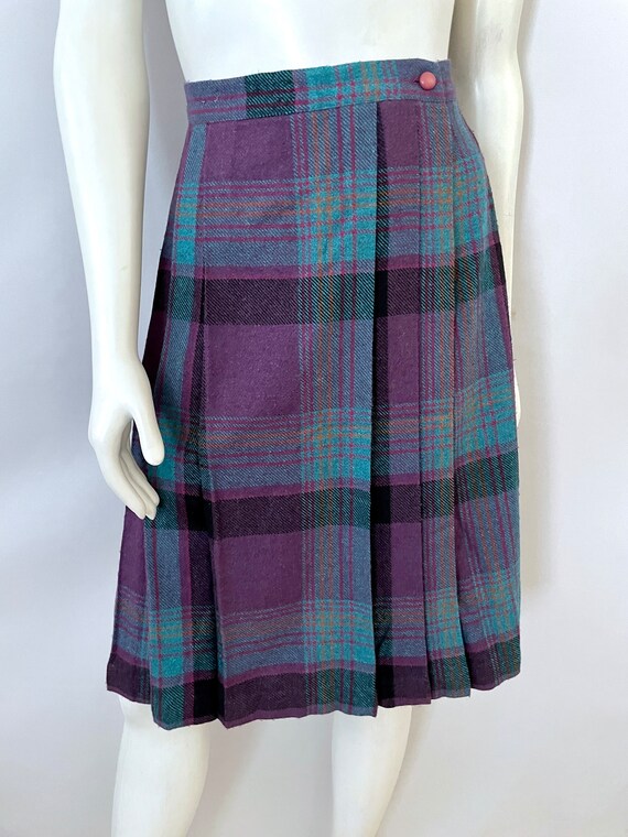 Vintage 80's Teal Purple Plaid Wool Blend Skirt b… - image 3
