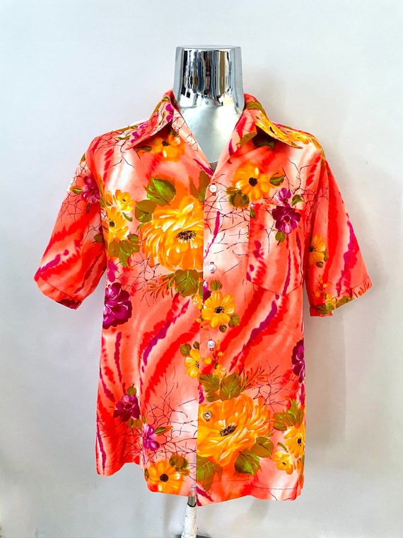 Vintage 60's Neon, Orange, Floral, Hawaiian Shirt 