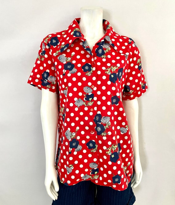 Vintage 70's Red, Polka Dot, Floral, Short Sleeve… - image 2