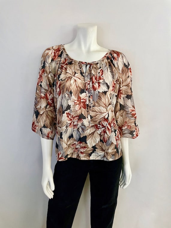 Vintage 70's Tan, Gray, Leaf, 3/4 Sleeve, Blouse … - image 1