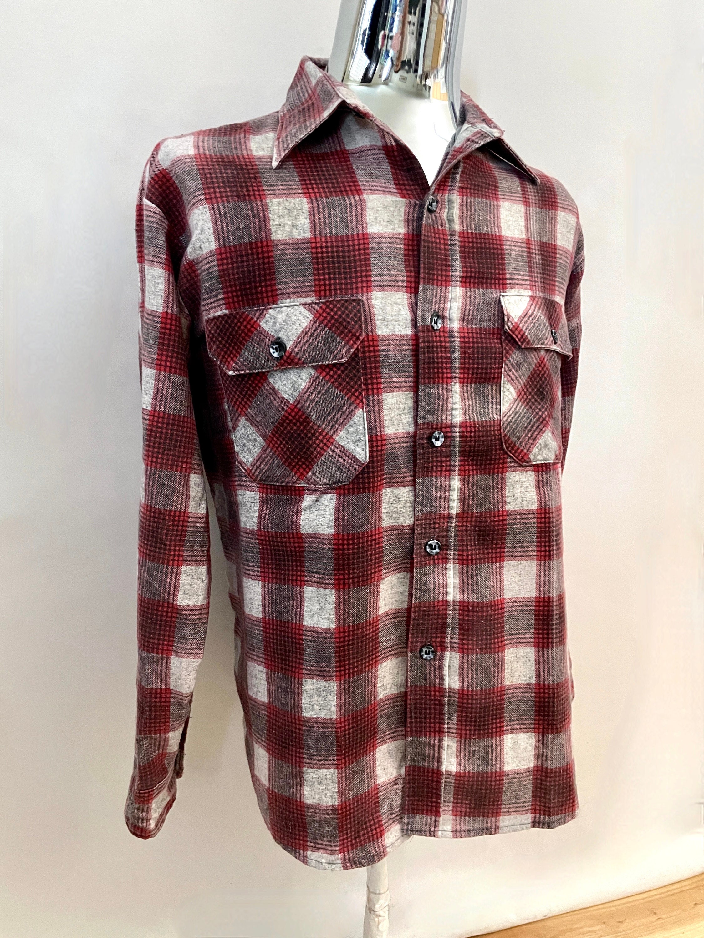 トップス 60s70s vintage print flannel check shirt Vintage 70s Plaid Flannel Shirt Yellow & Burgundy Red
