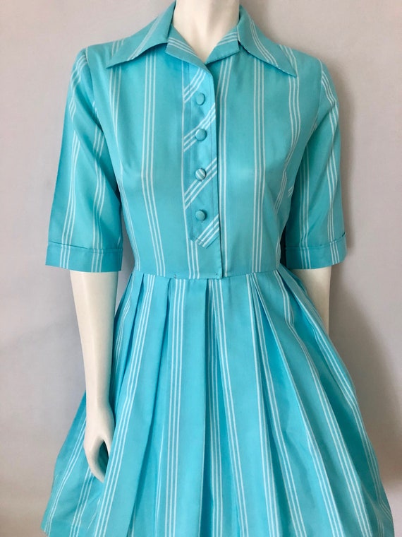 Vintage 50's Turquoise, Striped, Half Sleeve, Swi… - image 4