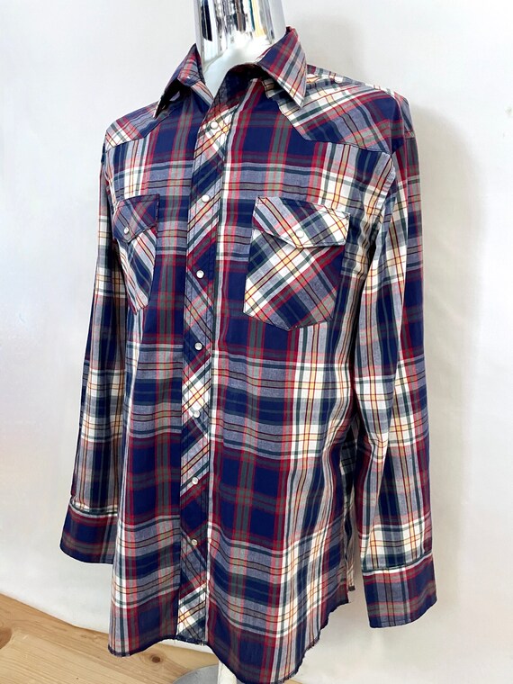 Vintage 80's Wrangler, Plaid, Snap Button, Long S… - image 7