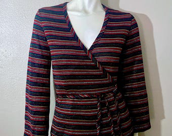 Blusa a portafoglio stile anni '70, metallizzata, nera, arcobaleno, a righe (taglia 2)