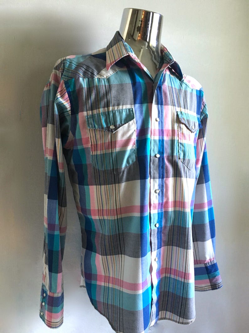 Plaid Snap Button Long Sleeve Vintage Mens 80/'s Wrangler Western Shirt L