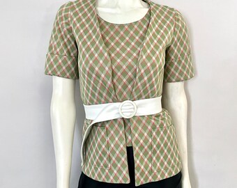 70's 2-Pc, Green, Plaid, Blouse Set, Short Sleeve (XS/S)