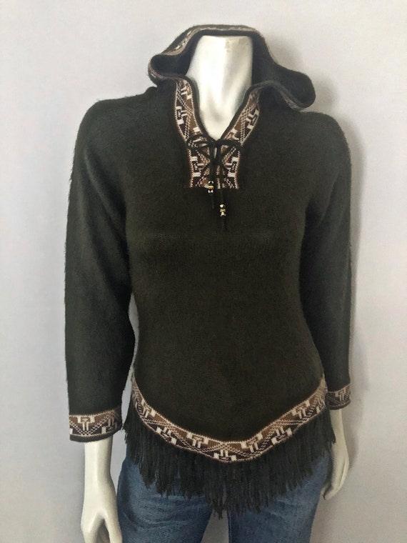 Vintage 70's Army Green, Alpaca, Hooded, Fringe S… - image 2