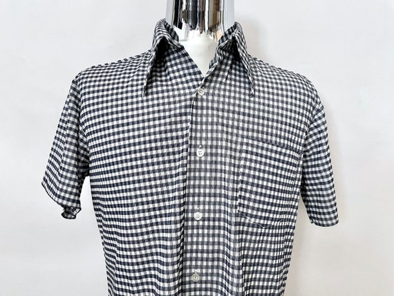 Vintage 70's Navy Blue Checkered Disco Shirt (XL) - image 3