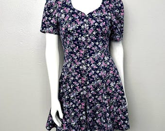 90's Navy Blue, Floral, Short Sleeve, Romper (S)
