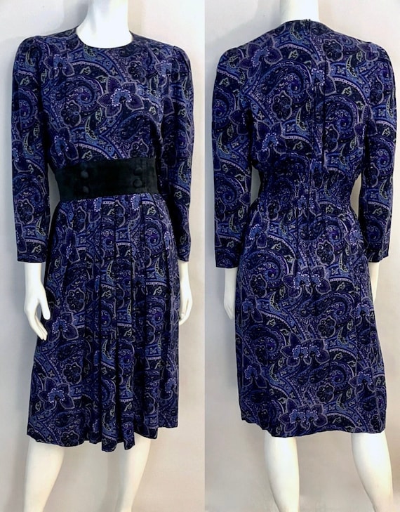 Vintage 80's Purple, Paisley, Long Sleeve, Dress … - image 1