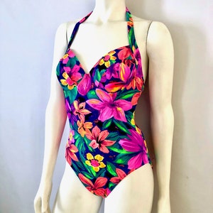 Vintage 90&#39;s Neon, Floral, Halter, Swimsuit, One Piece by Windmills (S)