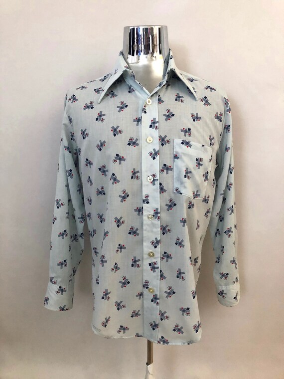 Vintage Men's 70's Disco, Baby Blue, Geometric, Lo