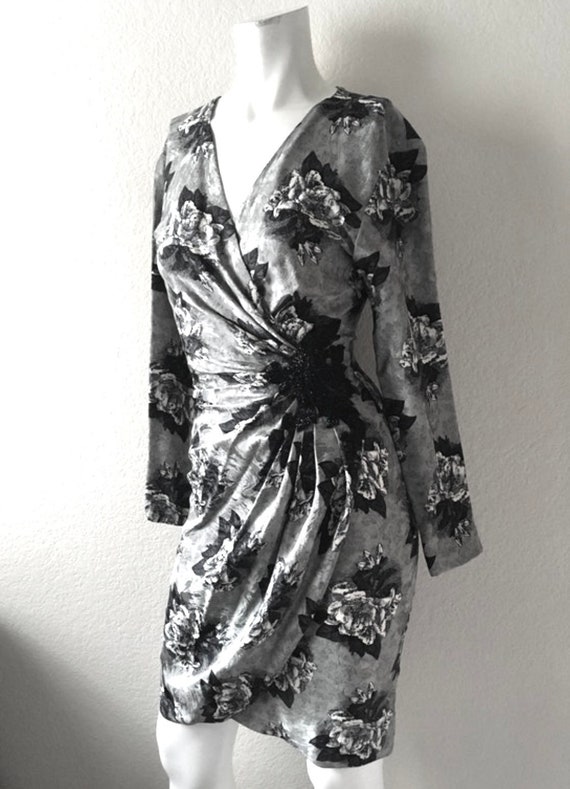 Vintage 80's Silk Wrap Dress, Gray, Floral, Beade… - image 2