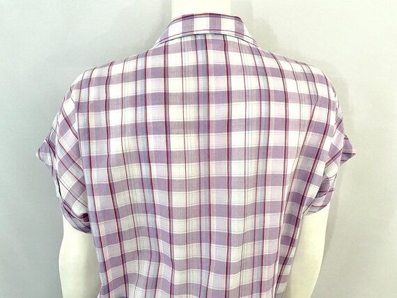 Vintage 80's White, Purple, Plaid, Cap Sleeve, Bl… - image 8