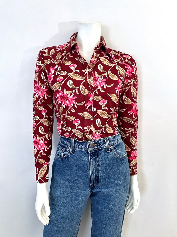 70's Burgundy, Floral, Long Sleeve, Blouse (Size 6 Pet)