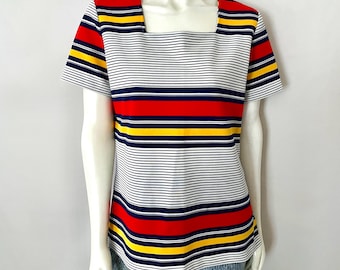 60's wit, marineblauw, gestreept, korte mouw, topje (l)