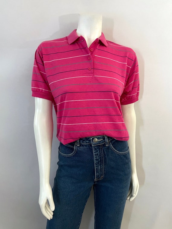 Vintage 80's Pink, Striped, Short Sleeve, Polo by… - image 1