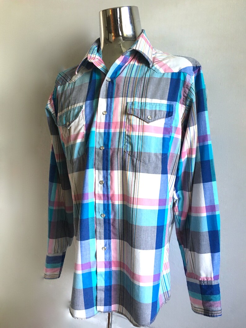 Plaid Snap Button Long Sleeve Vintage Mens 80/'s Wrangler Western Shirt L
