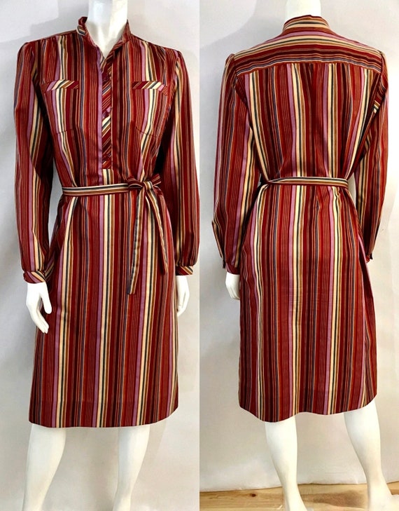 Vintage 70's Anjac, Red, Striped, Long Sleeve, Sh… - image 1