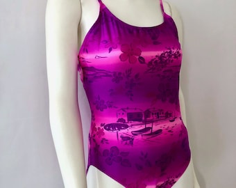 Maiô de uma peça roxo e rosa estilo anos 80 da Islander (M)