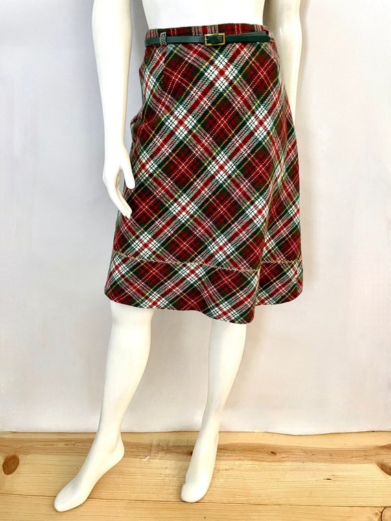 Vintage 70's Red Plaid Wool Belted Skirt by Summi… - image 1