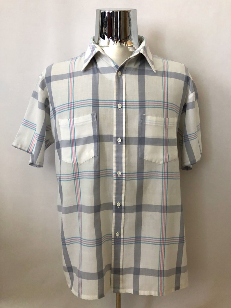 2X Plaid Vintage Mens 80/'s Van Heusen White Short Sleeve Button Down Shirt