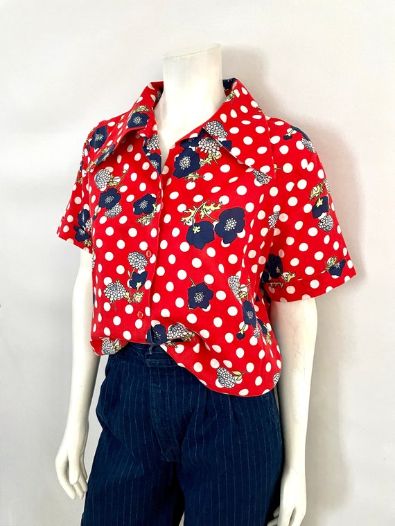 Vintage 70's Red, Polka Dot, Floral, Short Sleeve… - image 7