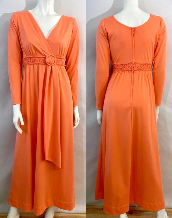 Vintage 70's Peach, Maxi Dress, Long Sleeve, Poly… - image 1